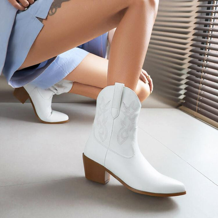 Cowboylaarzen voor dames, halfhoog, met borduursels en brede hak - Helga