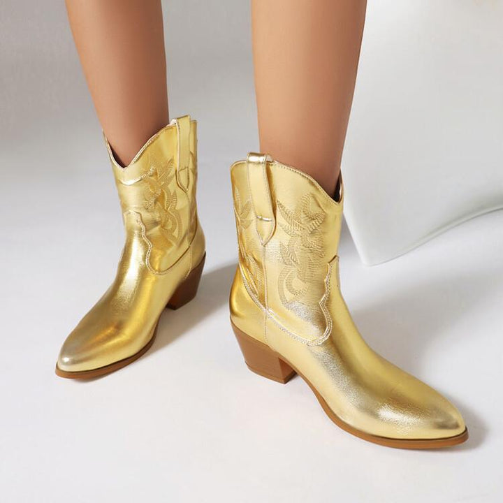 Cowboylaarzen voor dames, halfhoog, met borduursels en brede hak - Helga
