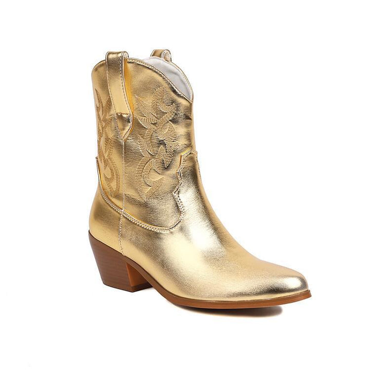 Cowboylaarzen voor dames, halfhoog, met borduursels en brede hak - Helga