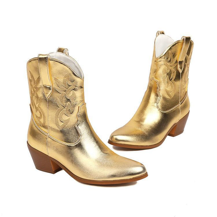 Cowboylaarzen voor dames, halfhoog, met borduursels en brede hak - Helga