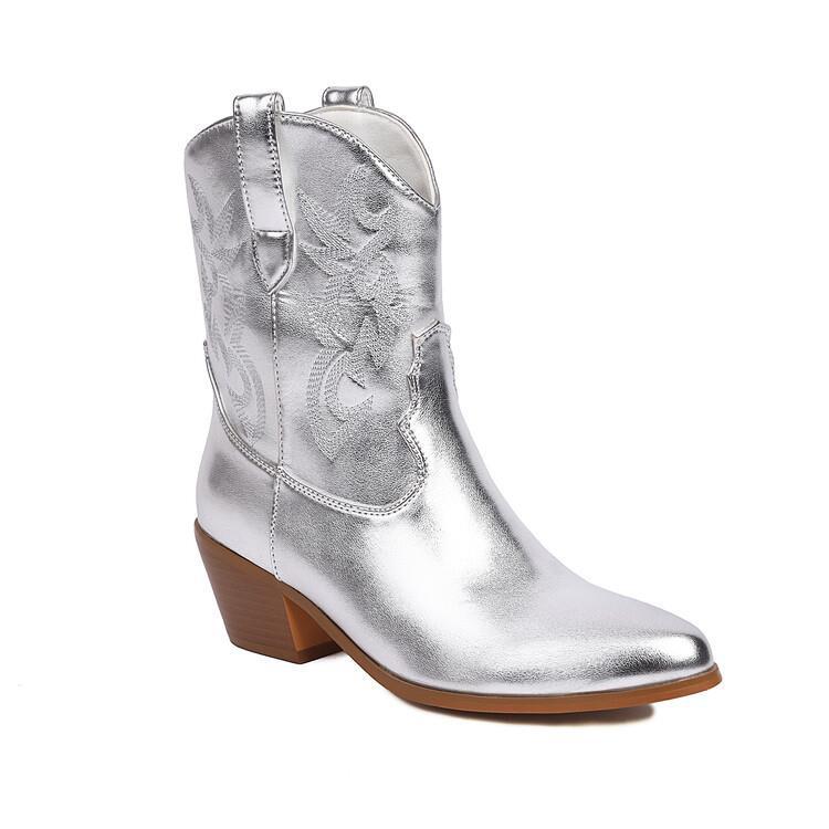 Cowboylaarzen voor dames, halfhoog, met borduursels en brede hak - Helga