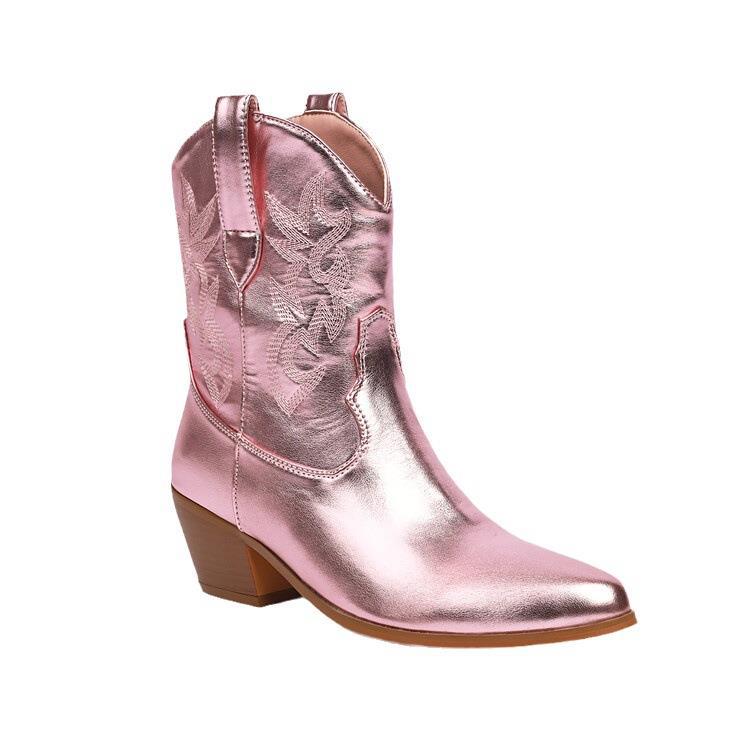 Cowboylaarzen voor dames, halfhoog, met borduursels en brede hak - Helga