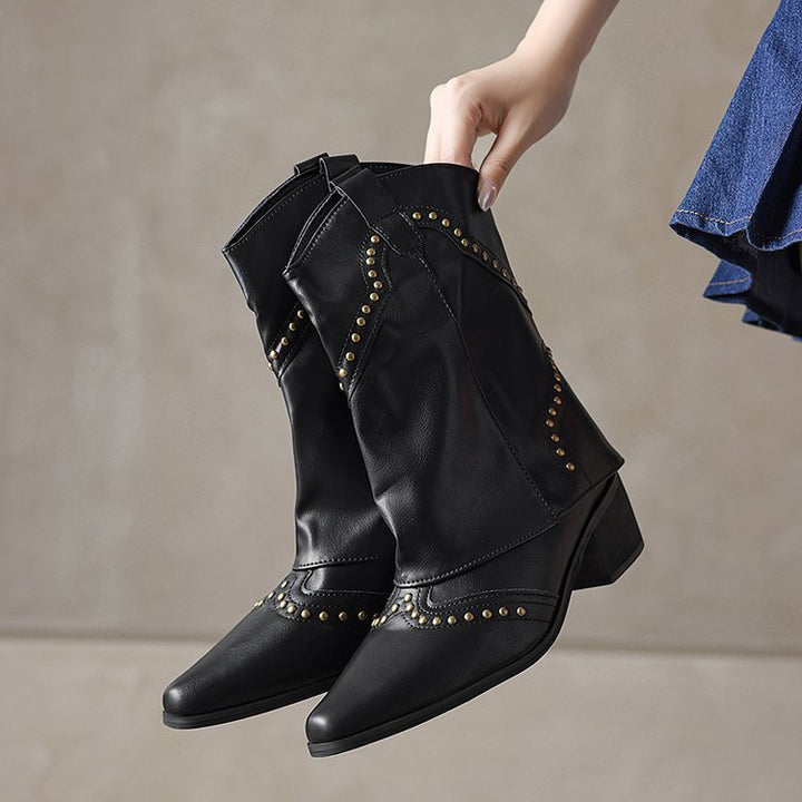 Cowboylaarzen voor dames, halflang model, met studs en blokhak - Maura