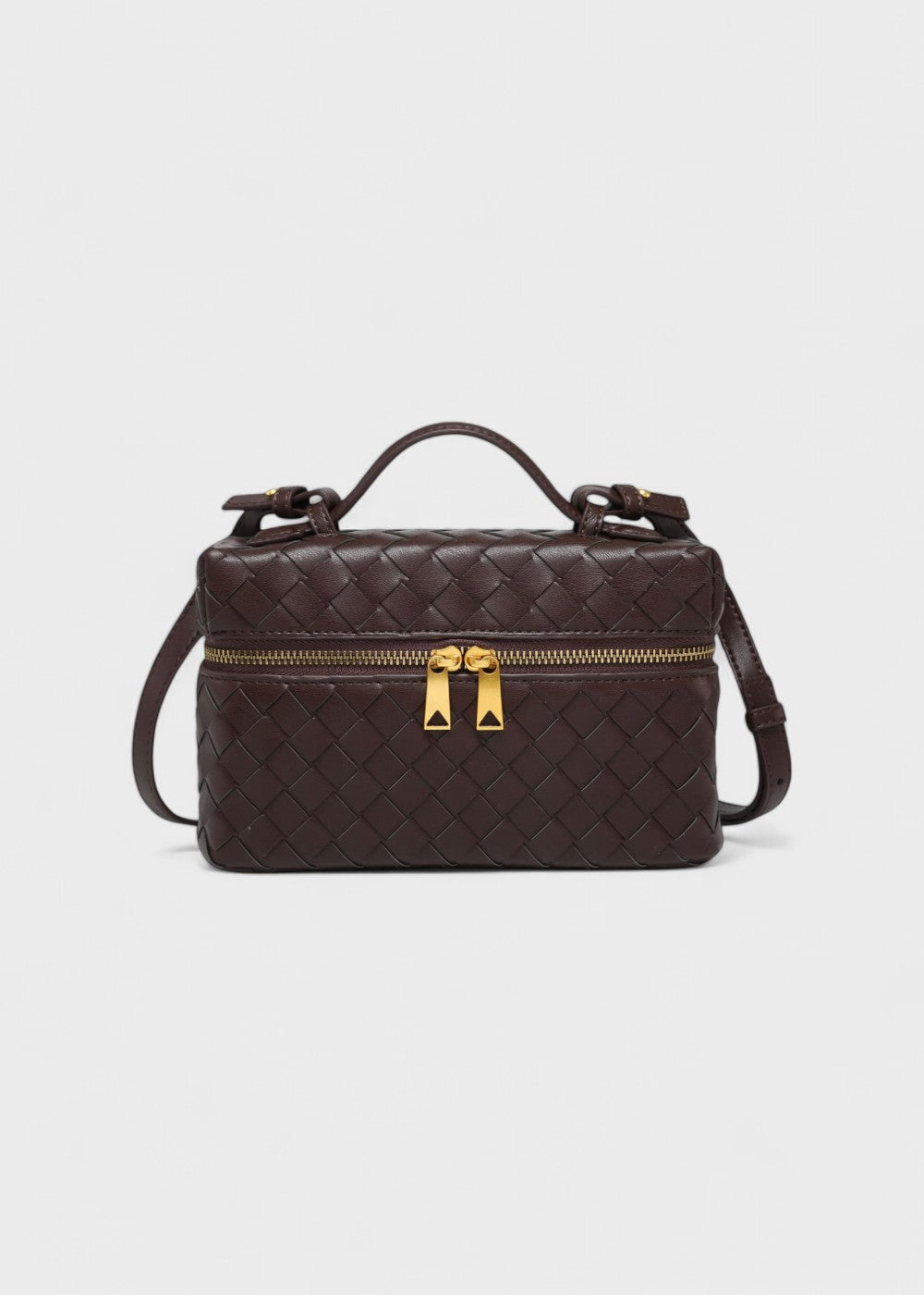 Gevlochten damestas zwart stijve structuur gouden ritsen - Valeska