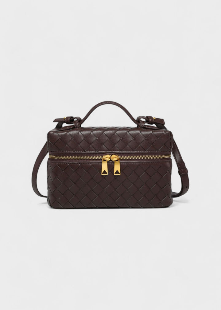 Gevlochten damestas zwart stijve structuur gouden ritsen - Valeska