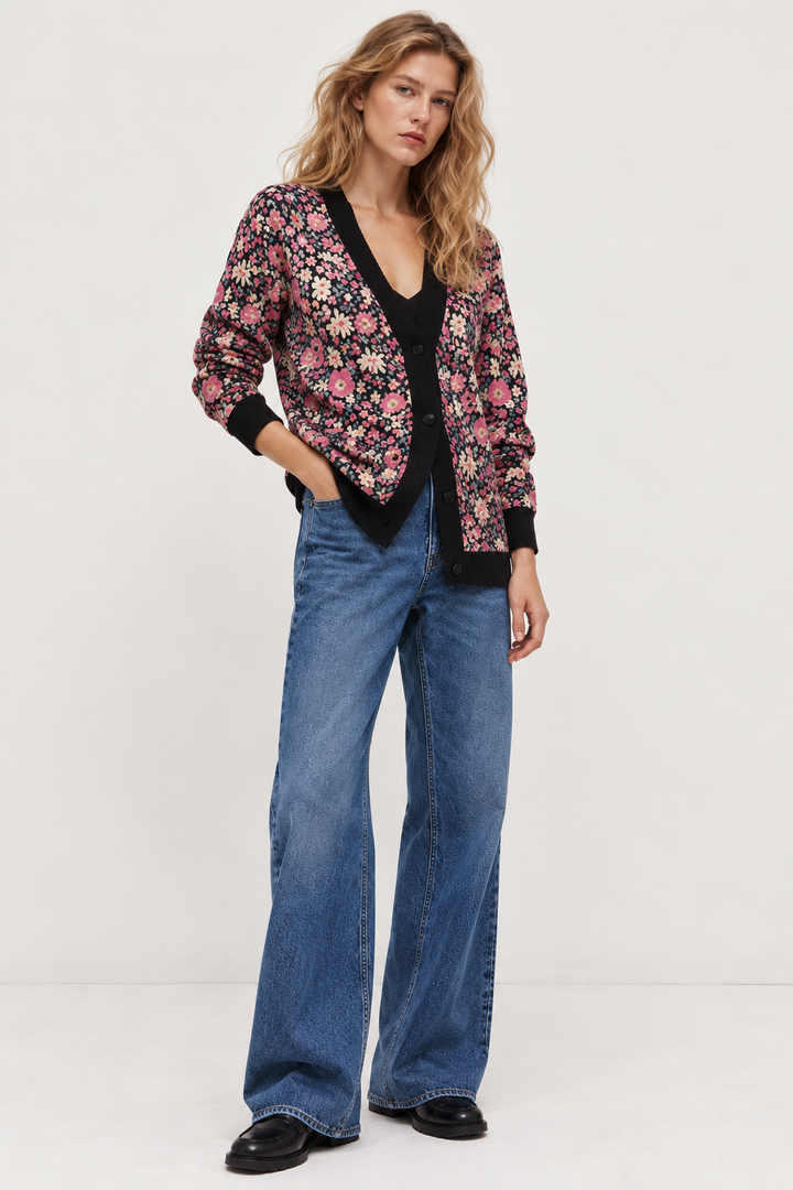 Gebreide damescardigan met bloemenprint en knopen - Emilia