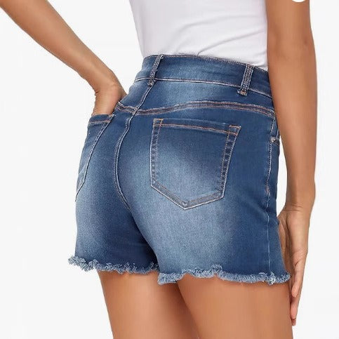 Dames denim shorts met hoge taille en gerafelde randen - Bianca