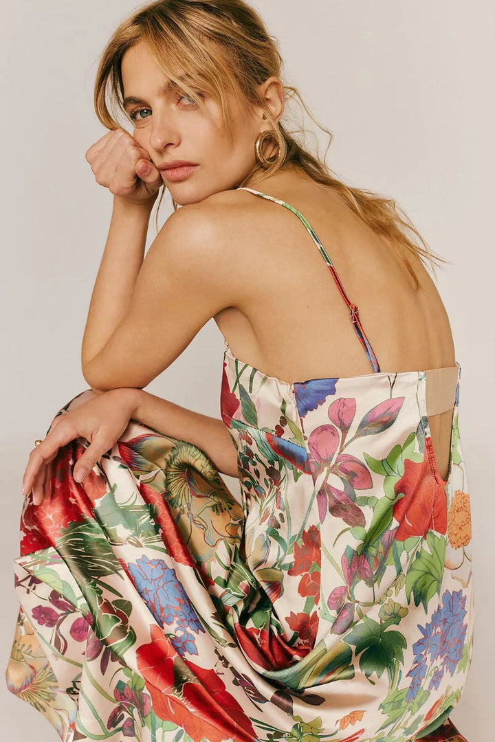 Lange damesjurk met bloemenprint hoge taille A-lijn - Althea