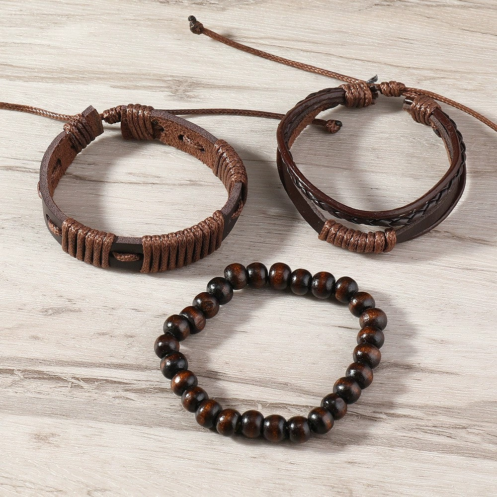 Herenarmband gewaxt touw en leren tribal design 3 stuks - Terrakai