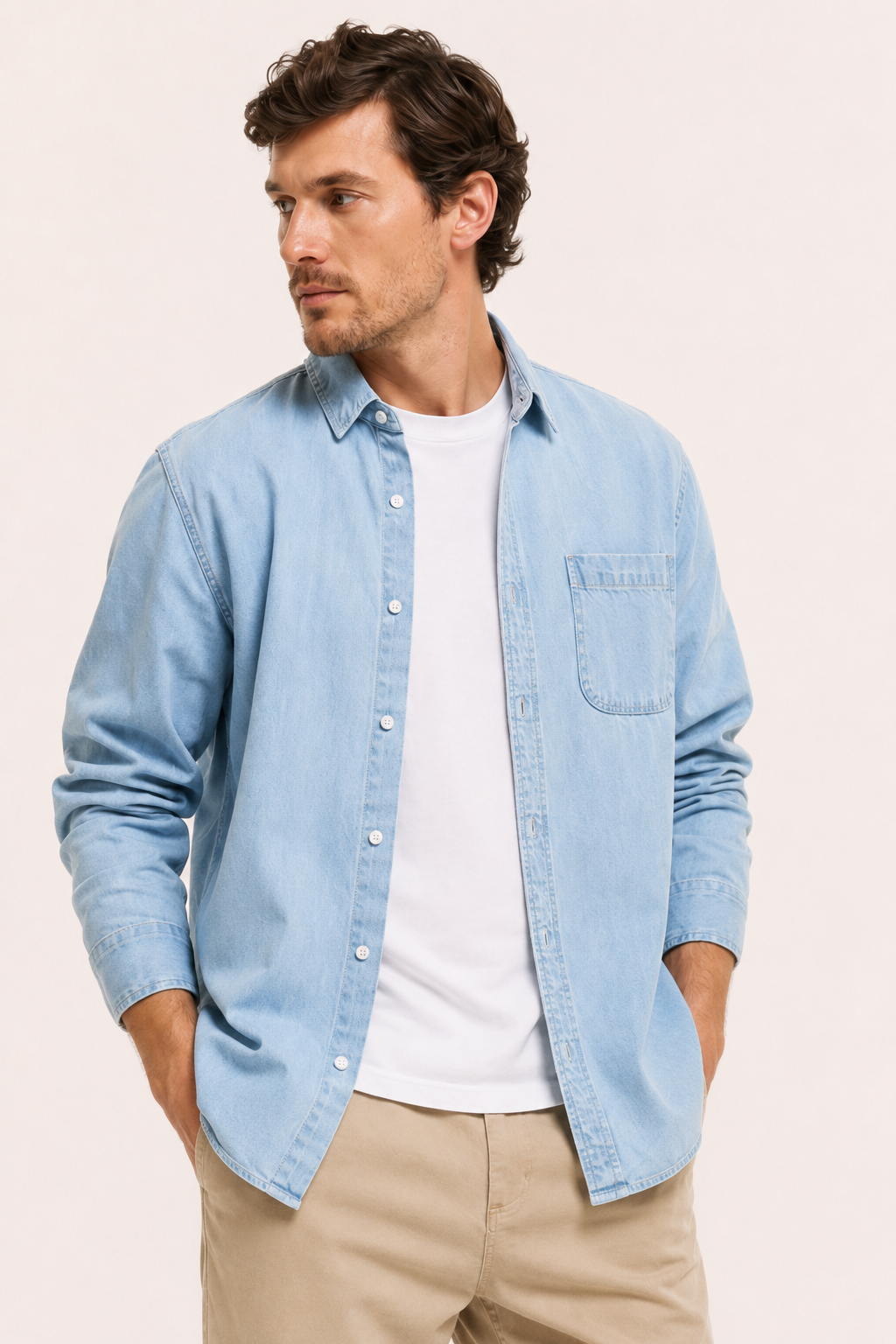 Herenoverhemd van denim met lange mouwen en zak - Joren