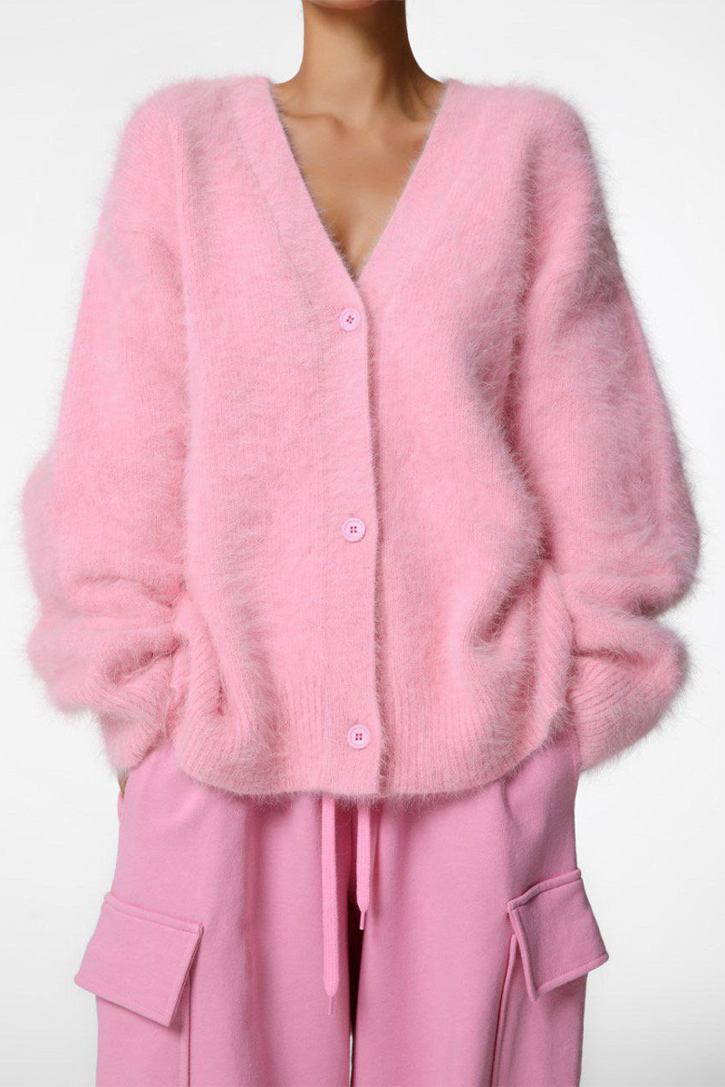 Gebreid vest met haarachtig effect, V-hals en knopen - Annelie