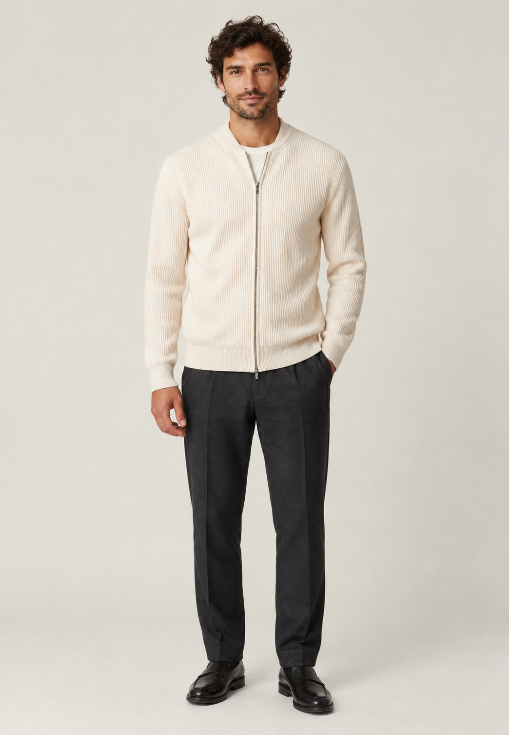 Cardigan heren met volledige rits, ribbreisel en ronde hals - Sorrento