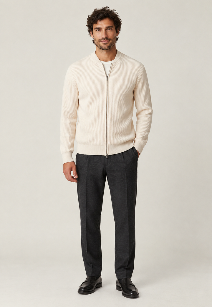 Cardigan heren met volledige rits, ribbreisel en ronde hals - Sorrento