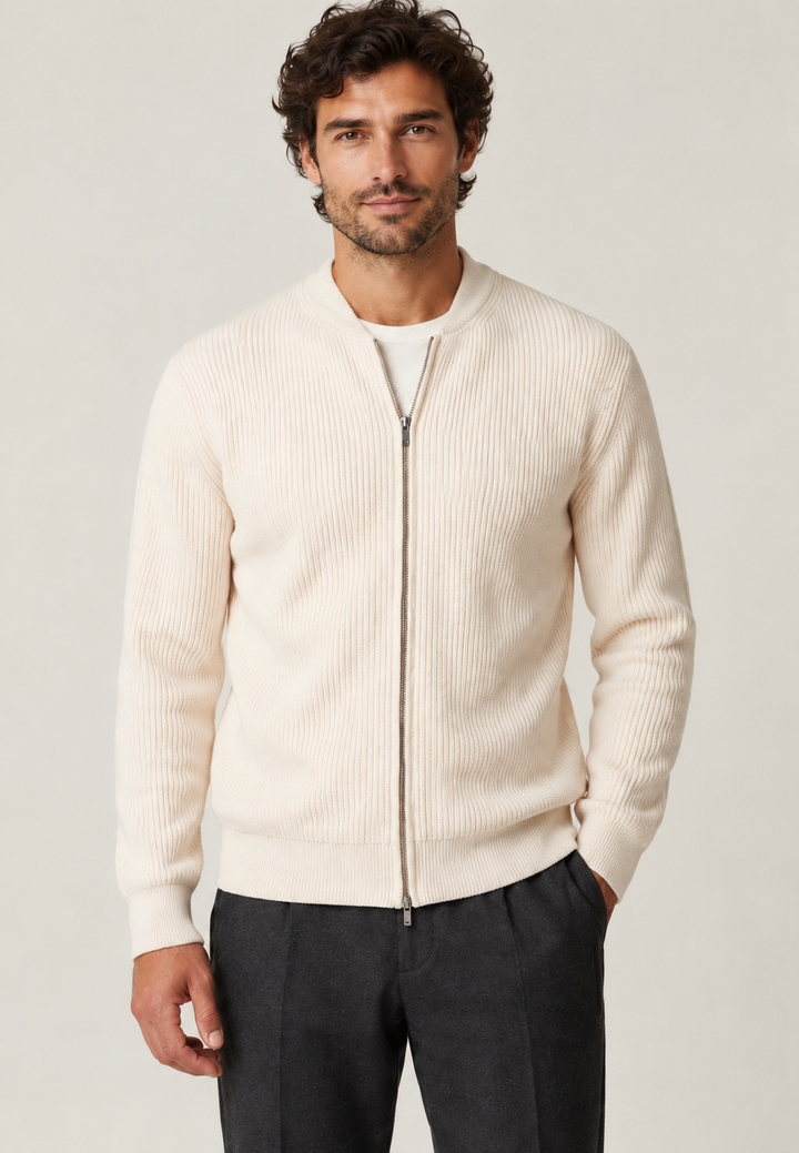 Cardigan heren met volledige rits, ribbreisel en ronde hals - Sorrento