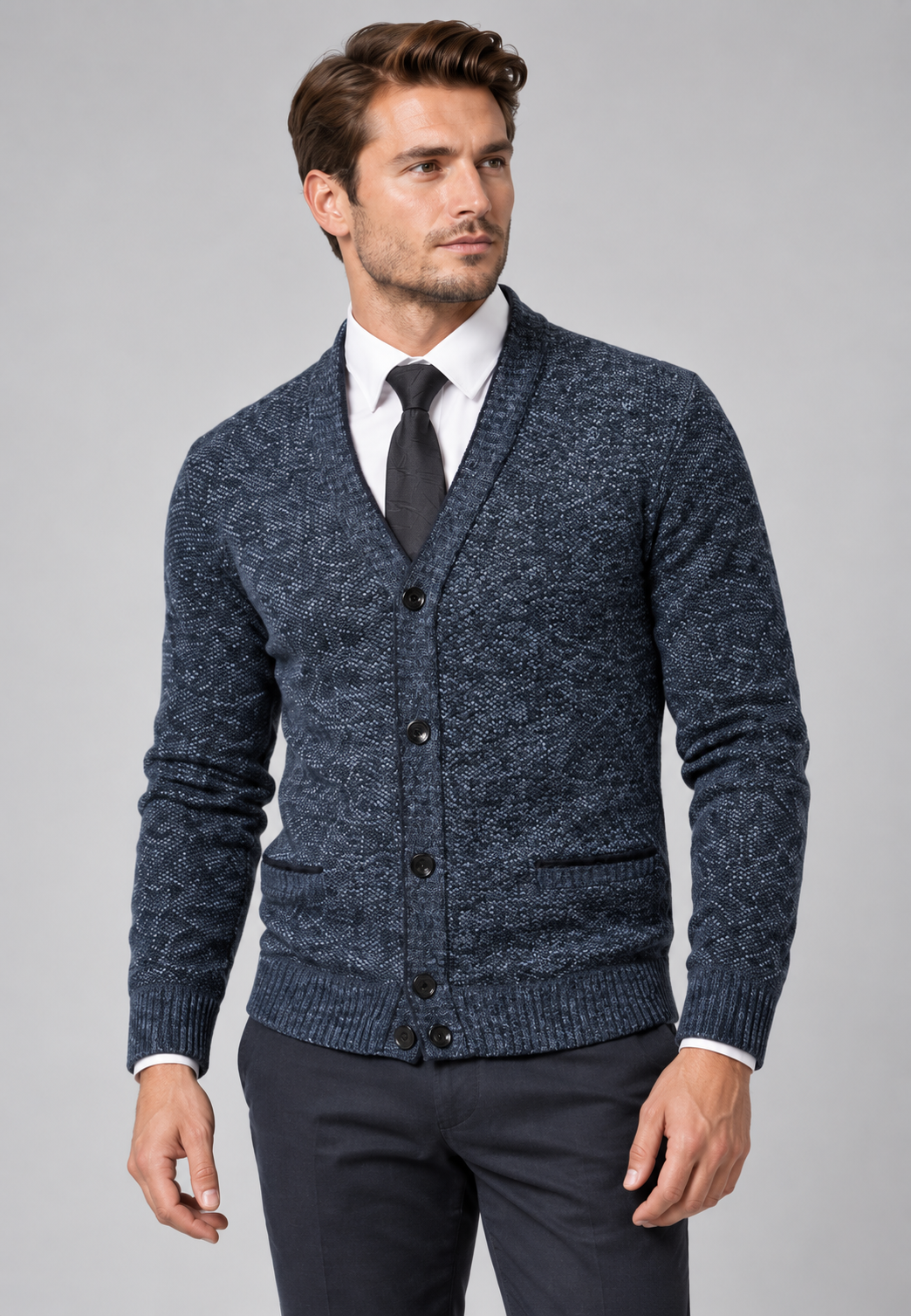 Cardigan heren met knopen, V-hals en textuurbreisel met zakken - Levan