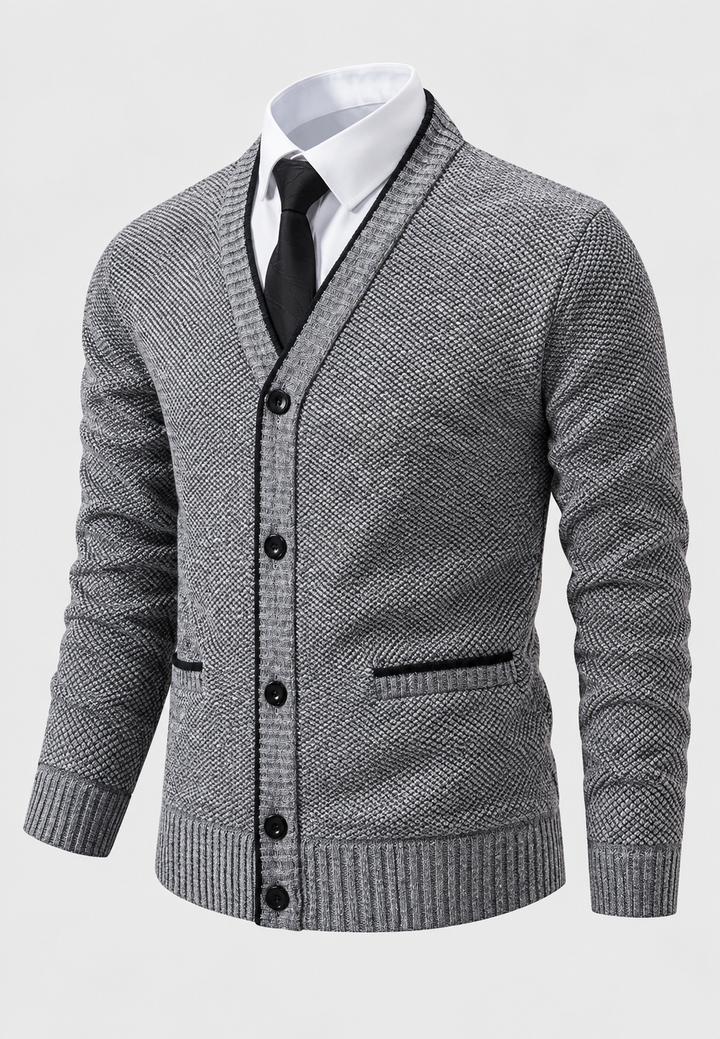 Cardigan heren met knopen, V-hals en textuurbreisel met zakken - Levan