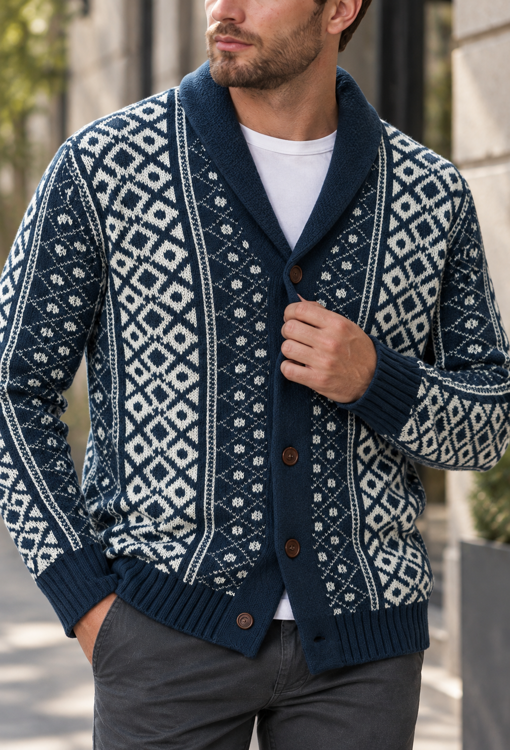 Gebreid vest met geometrisch jacquardpatroon, sjaalkraag en knopen - Dariel