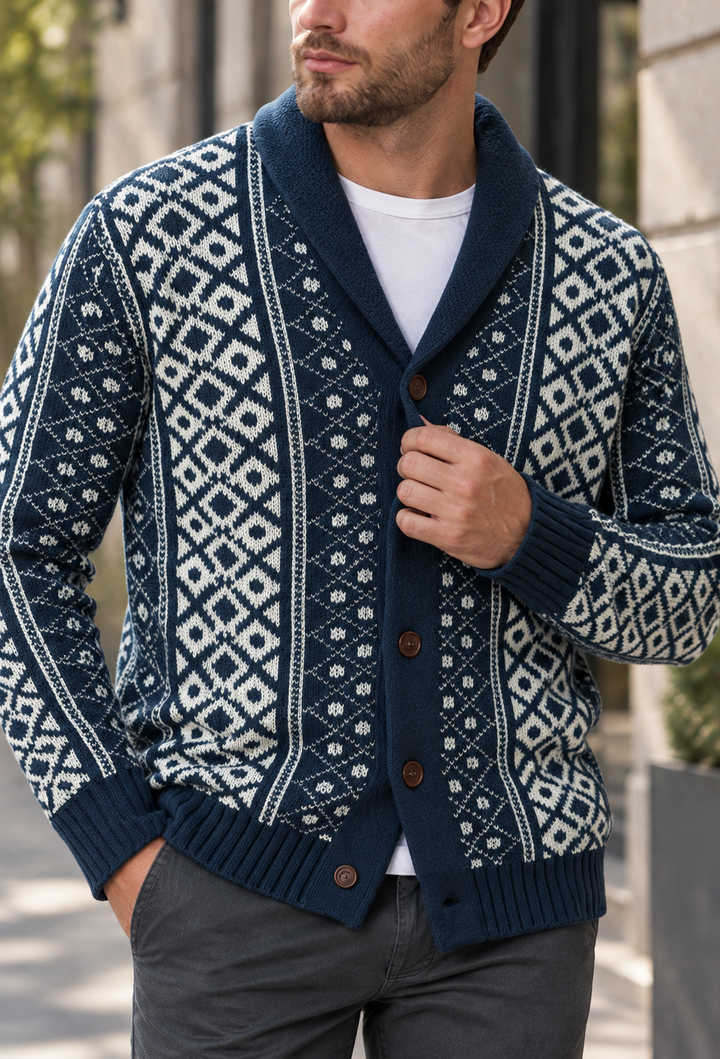 Gebreid vest met geometrisch jacquardpatroon, sjaalkraag en knopen - Dariel