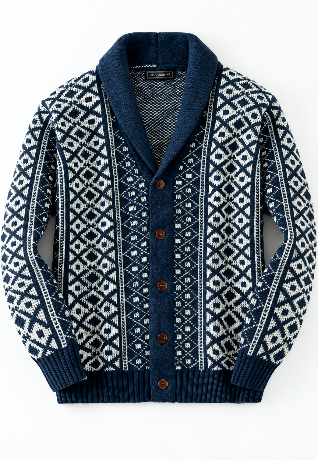 Gebreid vest met geometrisch jacquardpatroon, sjaalkraag en knopen - Dariel