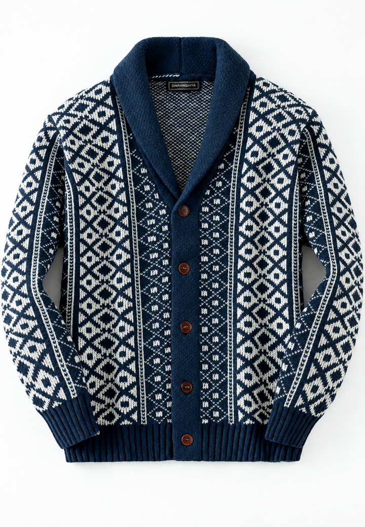 Gebreid vest met geometrisch jacquardpatroon, sjaalkraag en knopen - Dariel