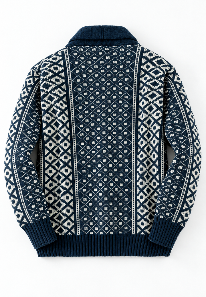 Gebreid vest met geometrisch jacquardpatroon, sjaalkraag en knopen - Dariel