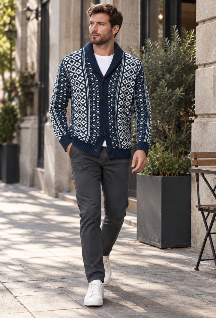 Gebreid vest met geometrisch jacquardpatroon, sjaalkraag en knopen - Dariel