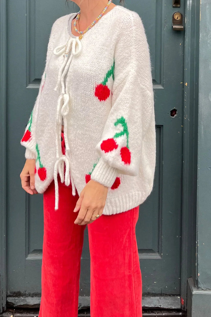 Mohair-mix vest met strikjes aan de voorkant en kersenmotief - Fenja