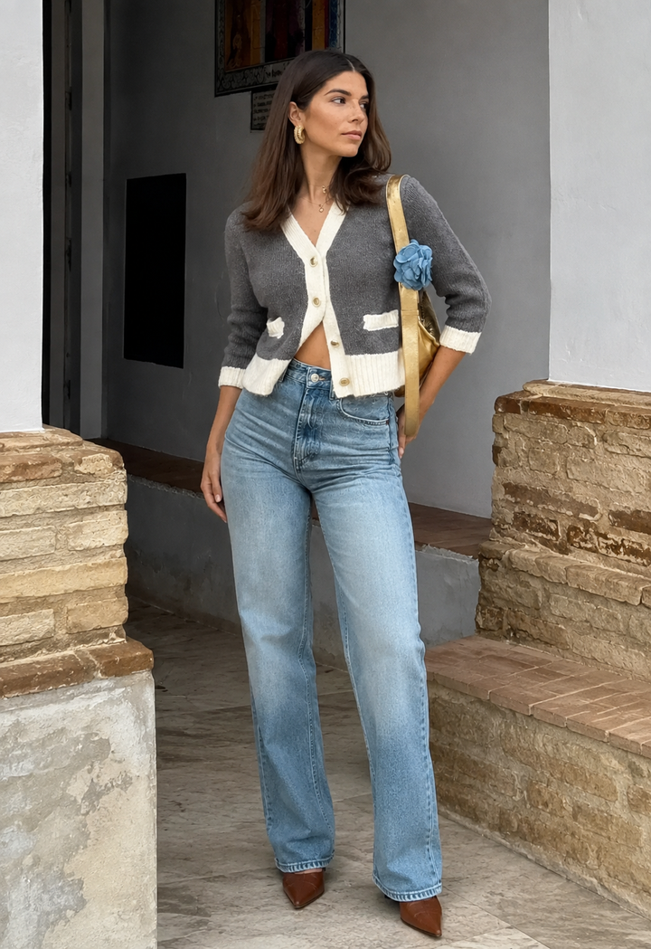 Damesvest met V-hals en knopen met contrasterende details - Elva