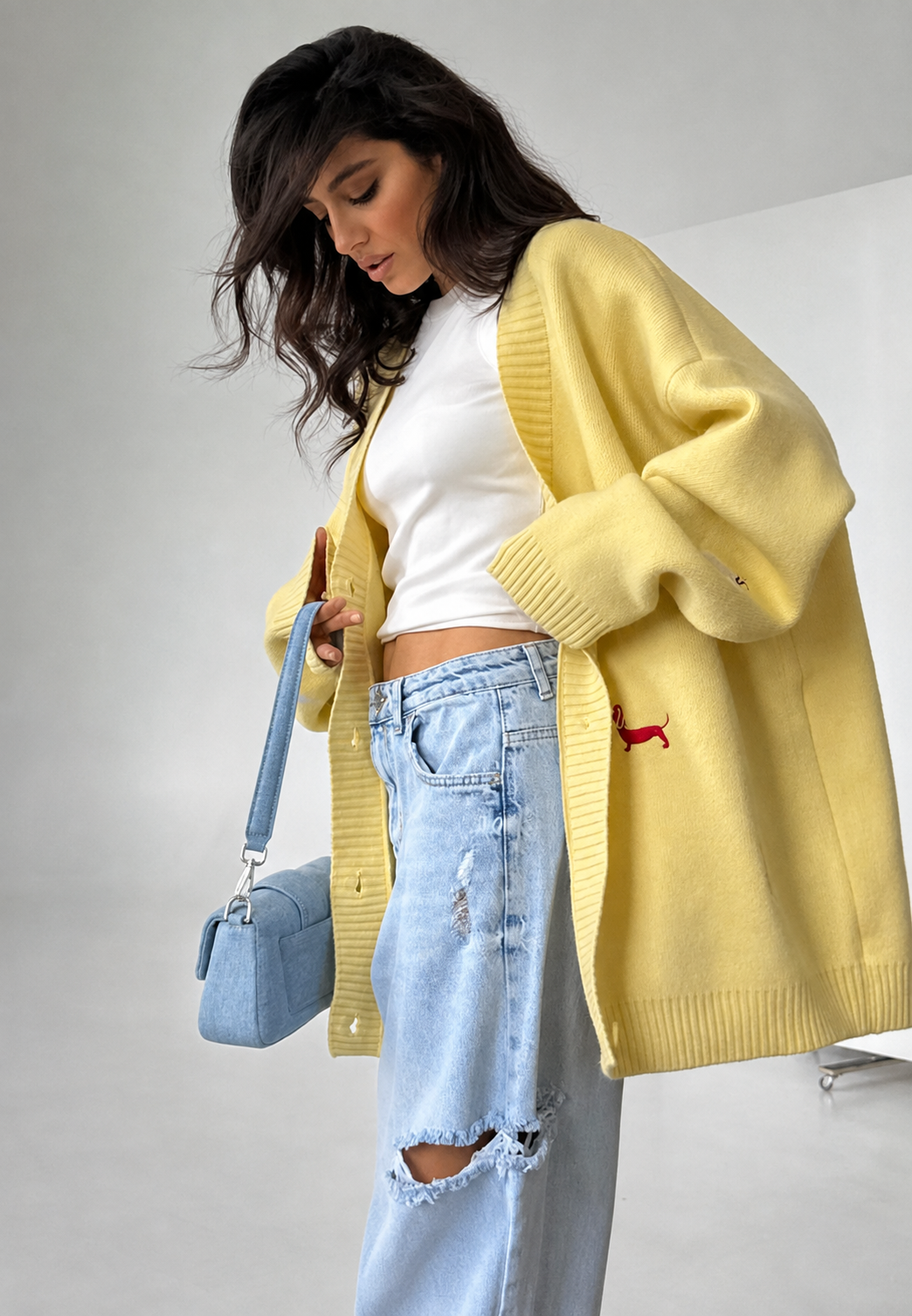 Oversized damesvest met V-hals, knopen en dachshund-motieven - Marlis