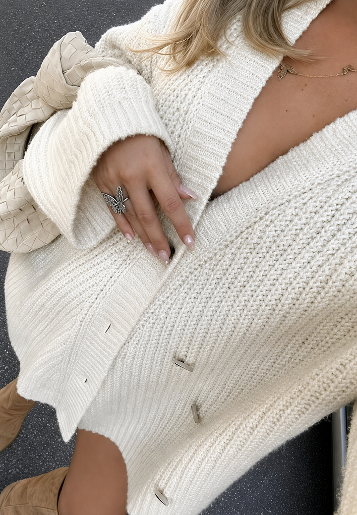 Oversized damesvest van grof breiwerk met V-hals en knopen - Eilika