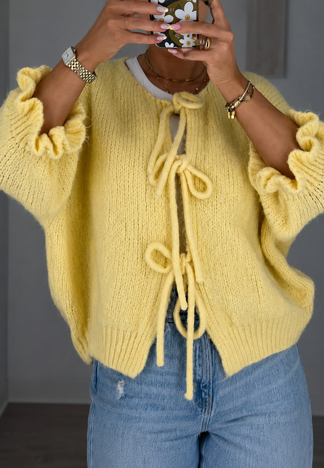 Gebreid damesvest met strikjes aan de voorkant - Margaux