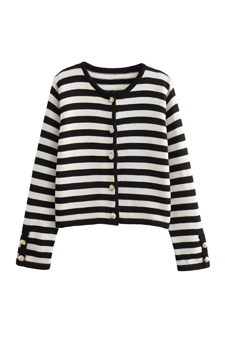 Damesvest met tweekleurige strepen, lange mouwen en metalen knopen - Liora