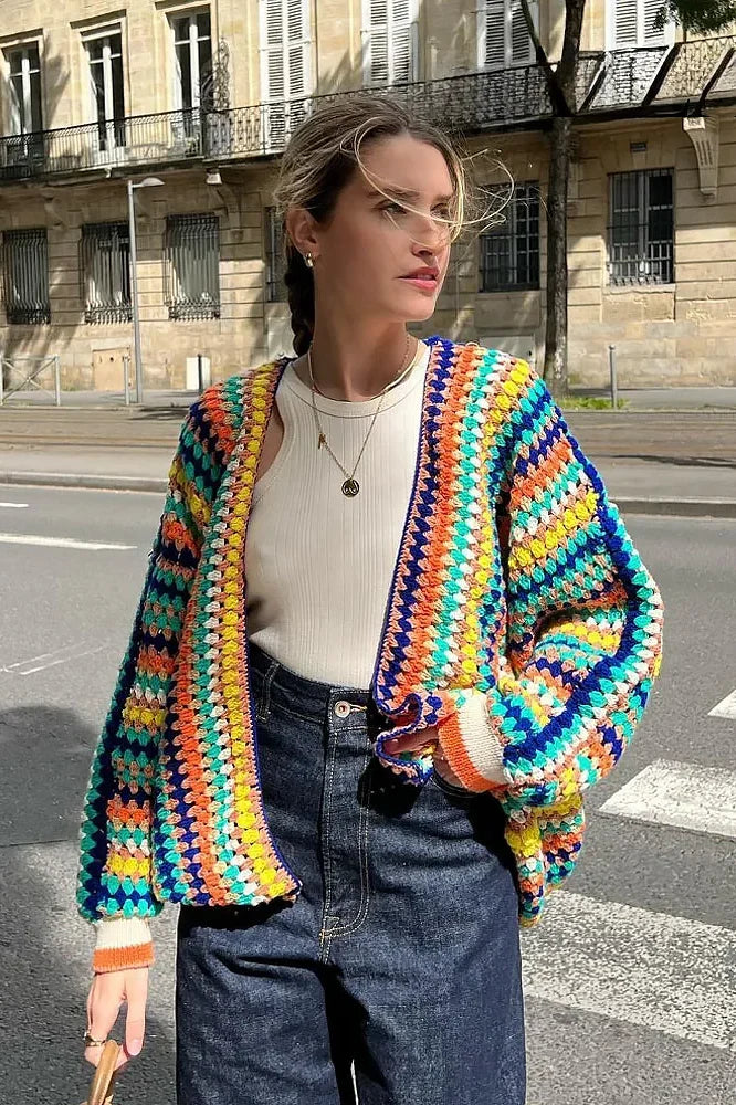 Oversized, veelkleurig gehaakt vest met strepen - Lotte