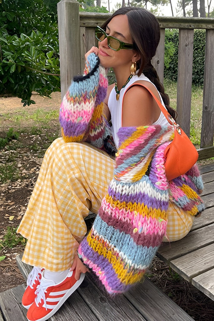Oversized vest van grof gebreid garen met veelkleurige strepen - Tifanny