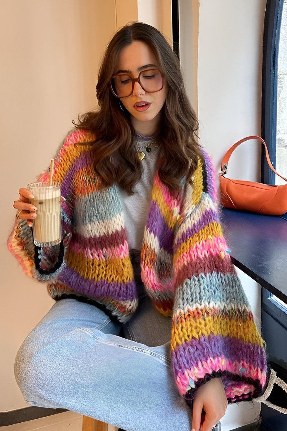 Oversized vest van grof gebreid garen met veelkleurige strepen - Tifanny