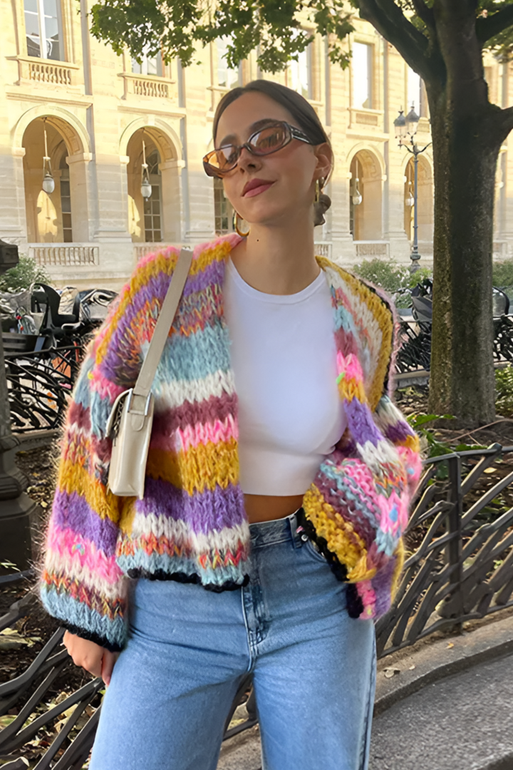 Oversized vest van grof gebreid garen met veelkleurige strepen - Tifanny