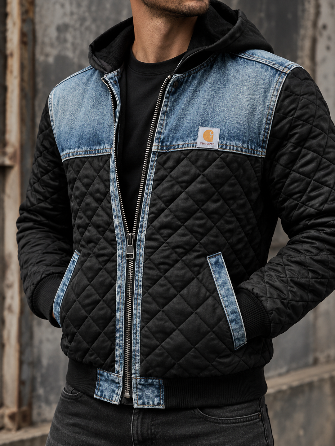 Gewatteerd herenjack met capuchon en denimpanelen - Lex