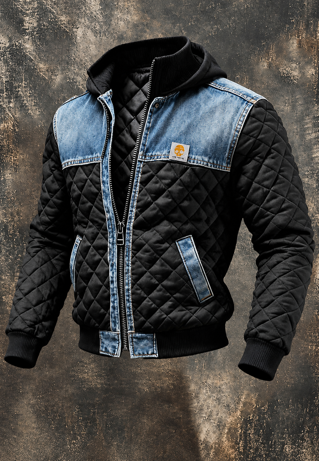 Gewatteerd herenjack met capuchon en denimpanelen - Lex