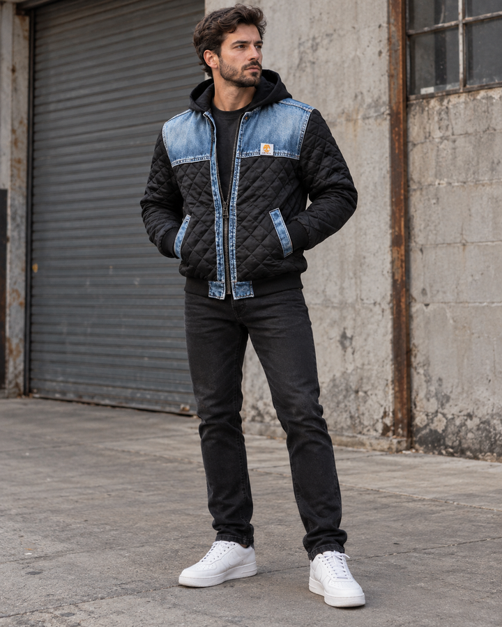 Gewatteerd herenjack met capuchon en denimpanelen - Lex