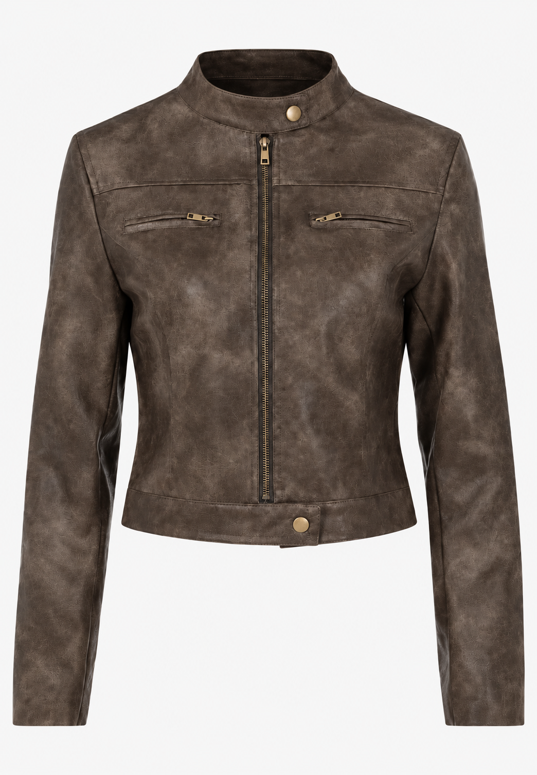 Korte dames bikerjack in leerlook met verweerde afwerking - Oriela