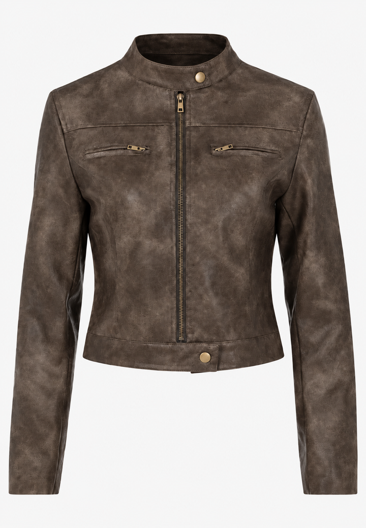 Korte dames bikerjack in leerlook met verweerde afwerking - Oriela