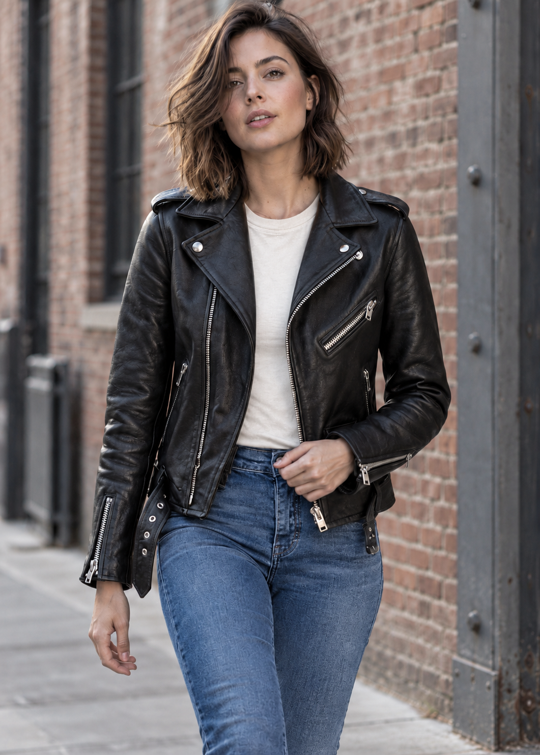 Damesbikerjas met leerlook en verstelbare riem - Faustine