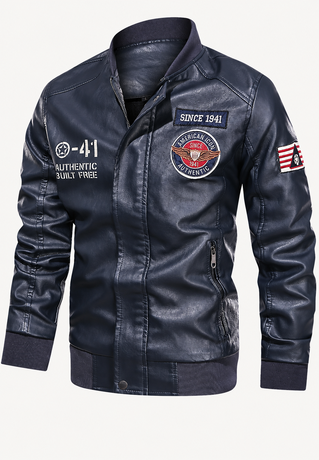 Heren bomberjack in leerlook met opstaande kraag en geborduurde patches - Darian