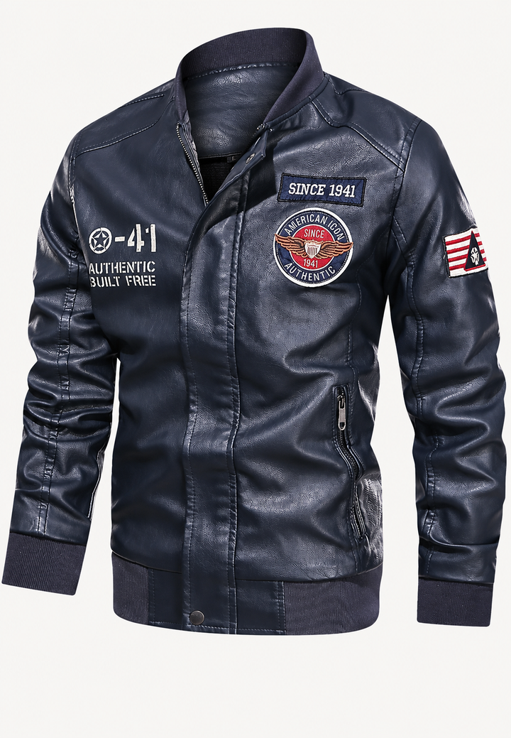 Heren bomberjack in leerlook met opstaande kraag en geborduurde patches - Darian