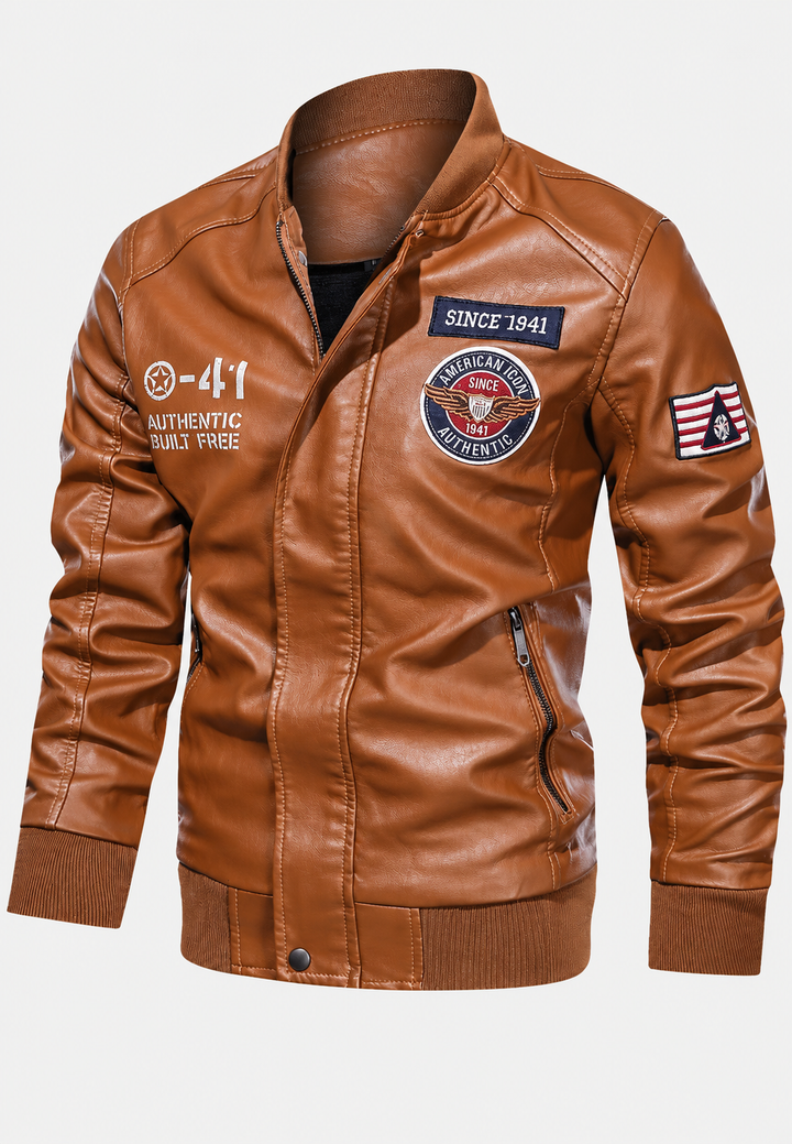 Heren bomberjack in leerlook met opstaande kraag en geborduurde patches - Darian