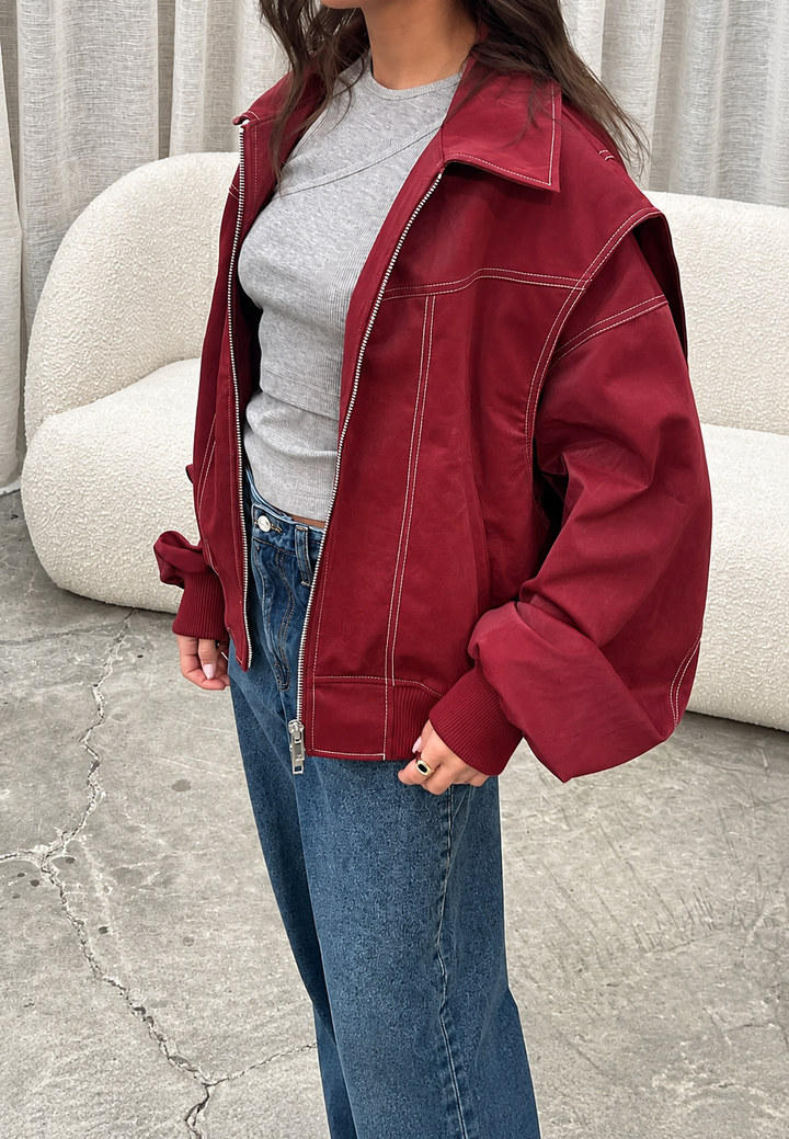 Oversized dames bomberjack in suèdelook met overhemdkraag - Norelle