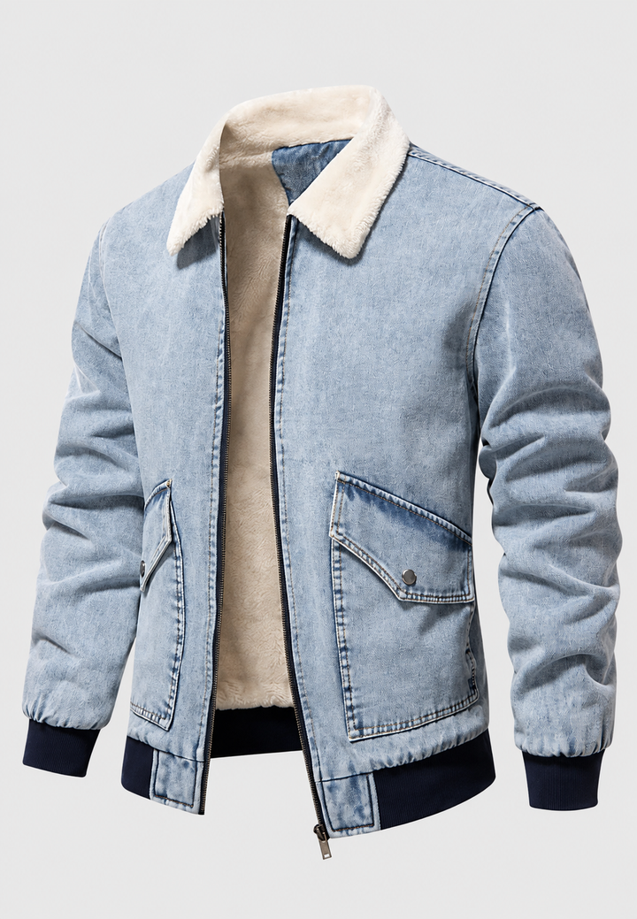 Denim bomberjack met schapenvachtvoering en ritssluiting - Tobias