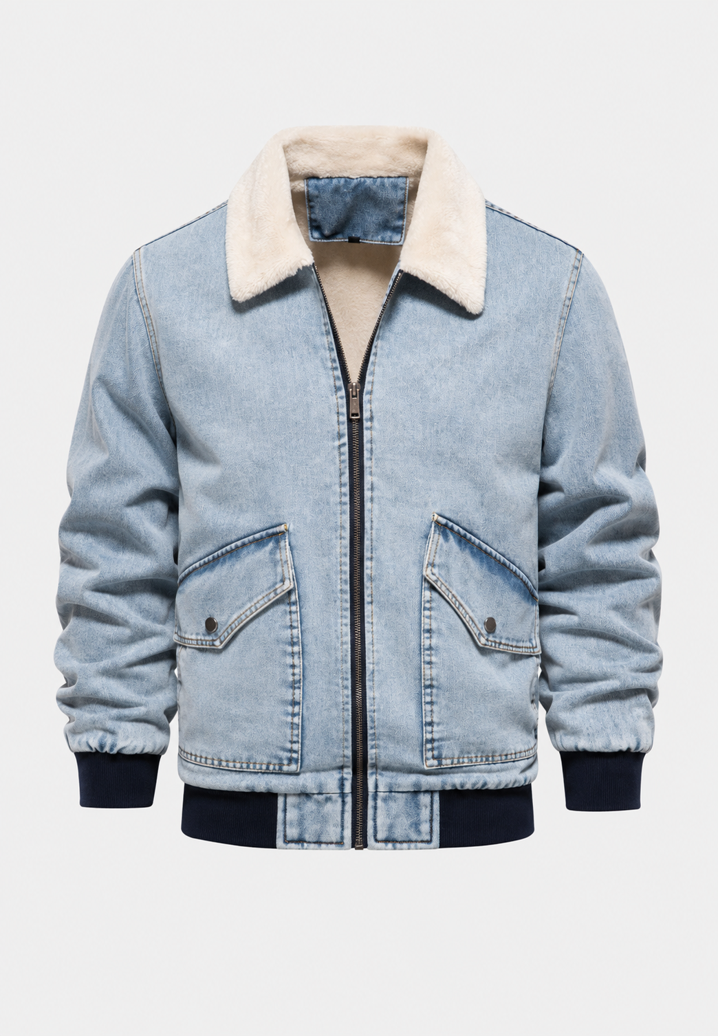 Denim bomberjack met schapenvachtvoering en ritssluiting - Tobias
