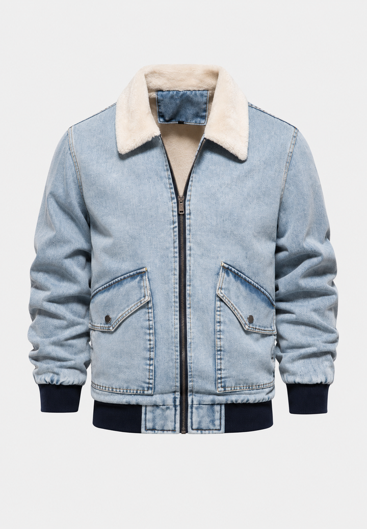 Denim bomberjack met schapenvachtvoering en ritssluiting - Tobias
