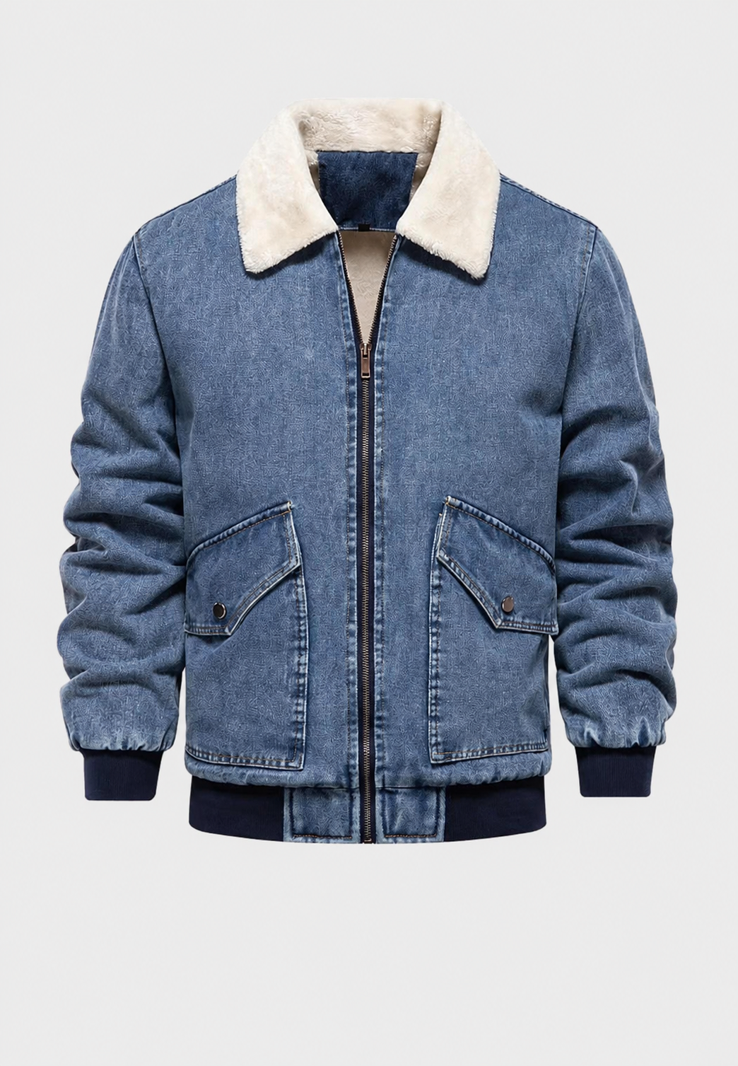 Denim bomberjack met schapenvachtvoering en ritssluiting - Tobias